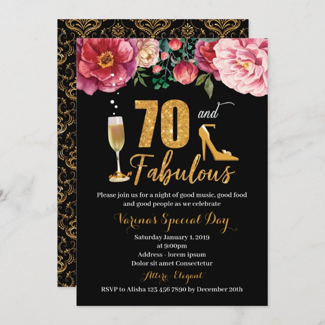 70 e Fabuloso Convite de Aniversário para Mulheres (Frente/Verso)
