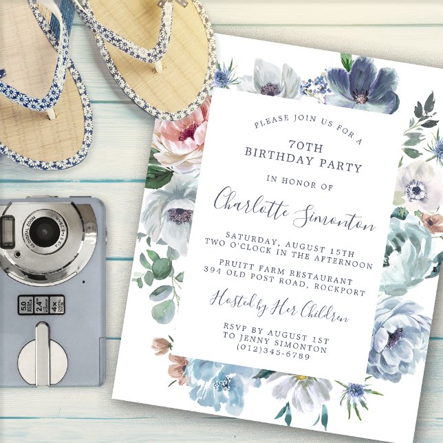 70 Floral Azul Dusty Convite de Aniversário (Criador carregado)