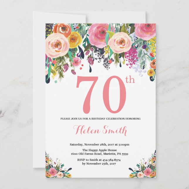70 Floral - Convite de Aniversário, Rosa (Frente)
