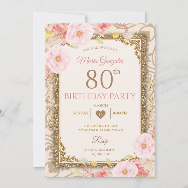 70 Floral Dourada, Convite para Aniversário 80 (Frente)