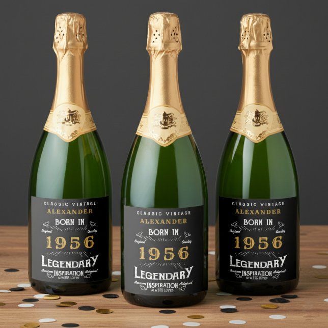 70th Birthday Legend Add Your Name 1956 Vintage (Born 1956 sparkling wine bottle labels. Grey background.)