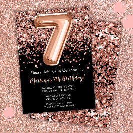 7 Aniversário Convite de Rosa Negro Glitter Dourad