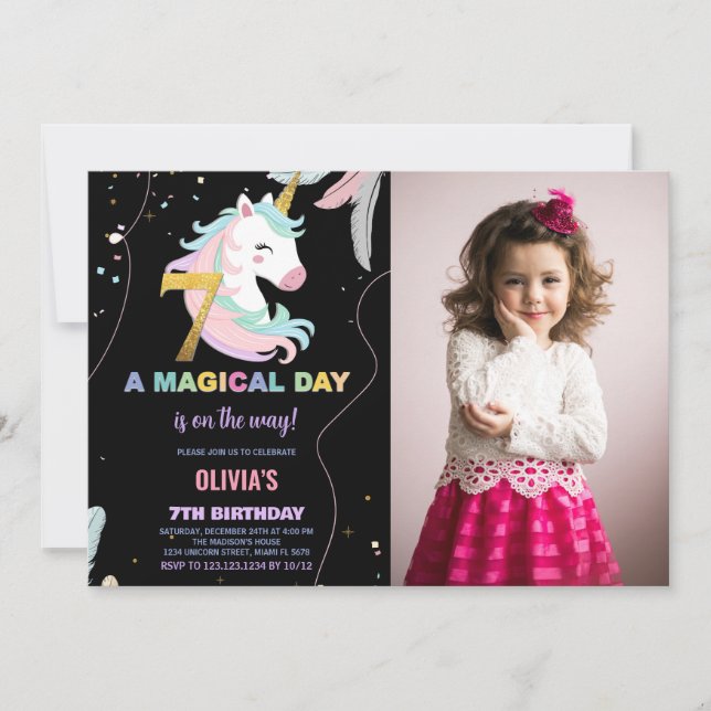 7 Birthday Unicorn Birthday Convite de Aniversário (Frente)