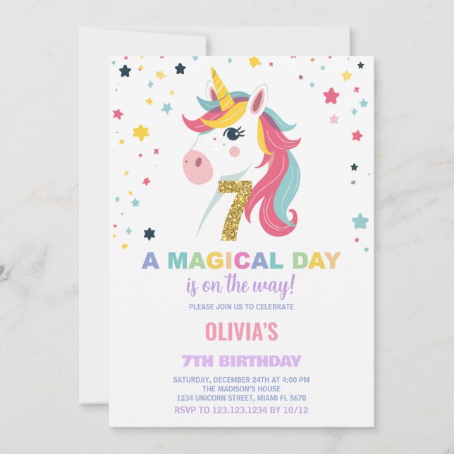 7 Birthday Unicorn Birthday - Convites de Aniversá (Frente)