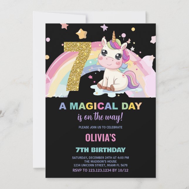 7 Birthday Unicorn Birthday - Convites de Aniversá (Frente)