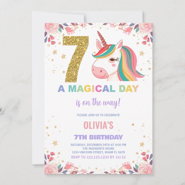 7 Birthday Unicorn Birthday - Convites de Aniversá (Frente)