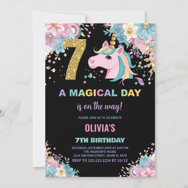 7 Birthday Unicorn Birthday - Convites de Aniversá (Frente)