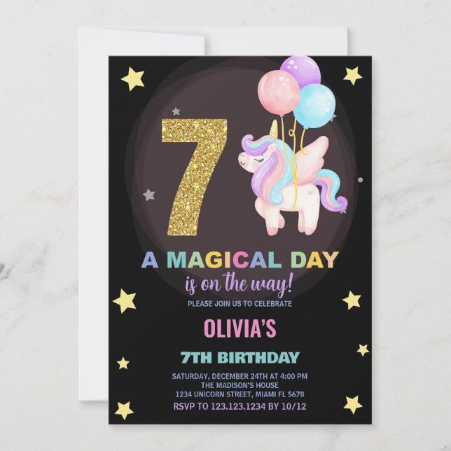 7 Birthday Unicorn Birthday - Convites de Aniversá (Frente)