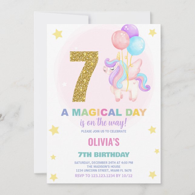 7 Birthday Unicorn Birthday - Convites de Aniversá (Frente)