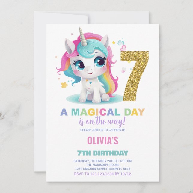 7 Birthday Unicorn Birthday - Convites de Aniversá (Frente)