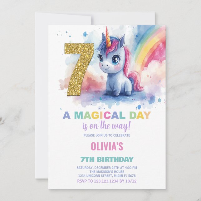 7 Birthday Unicorn Birthday - Convites de Aniversá (Frente)