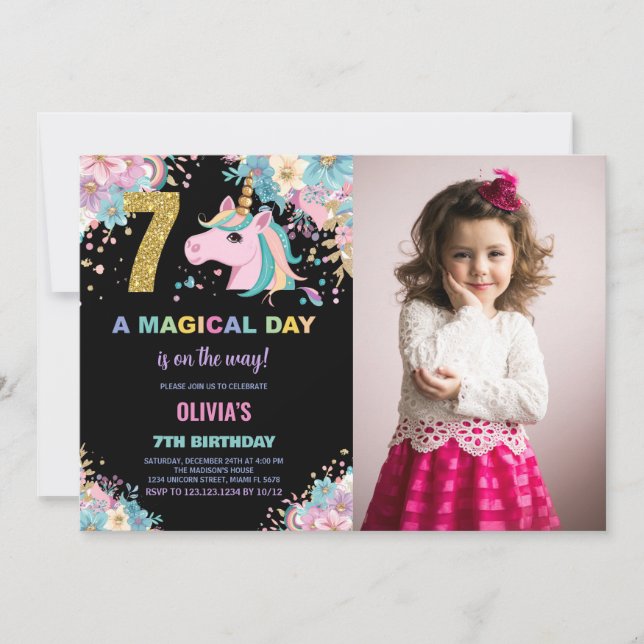 7 Birthday Unicorn Birthday - Foto dos Convites de (Frente)
