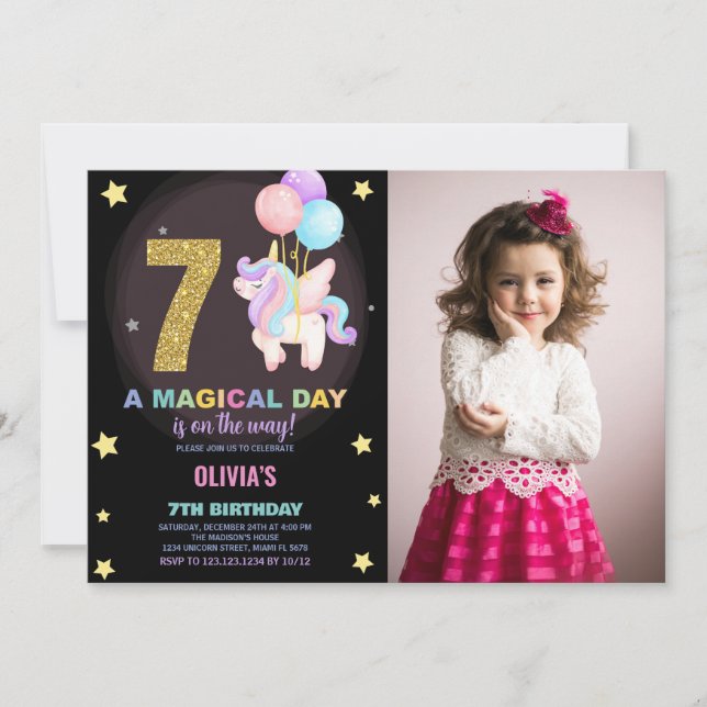 7 Birthday Unicorn Birthday - Foto dos Convites de (Frente)