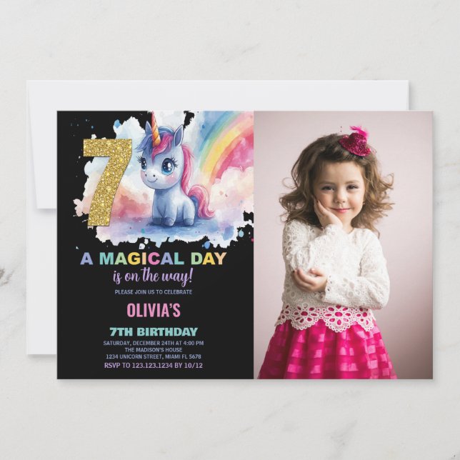 7 Birthday Unicorn Birthday - Foto dos Convites de (Frente)