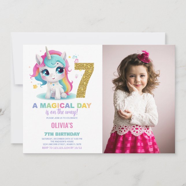 7 Birthday Unicorn Birthday - Foto dos Convites de (Frente)