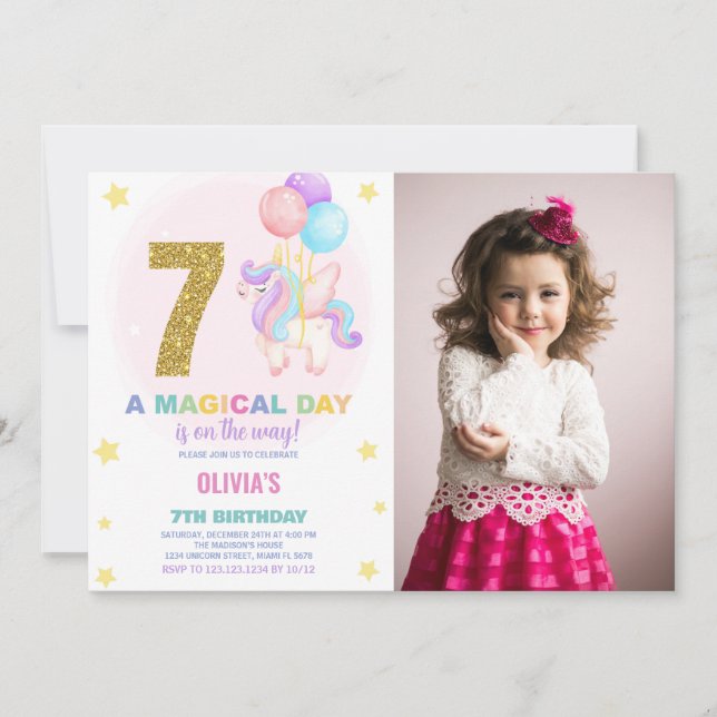 7 Birthday Unicorn Birthday - Foto dos Convites de (Frente)