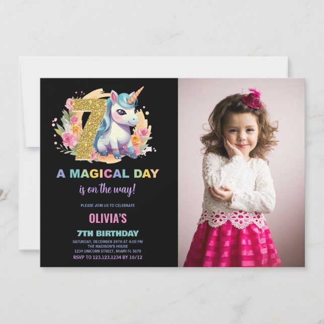 7 Birthday Unicorn Birthday - Foto dos Convites de (Frente)