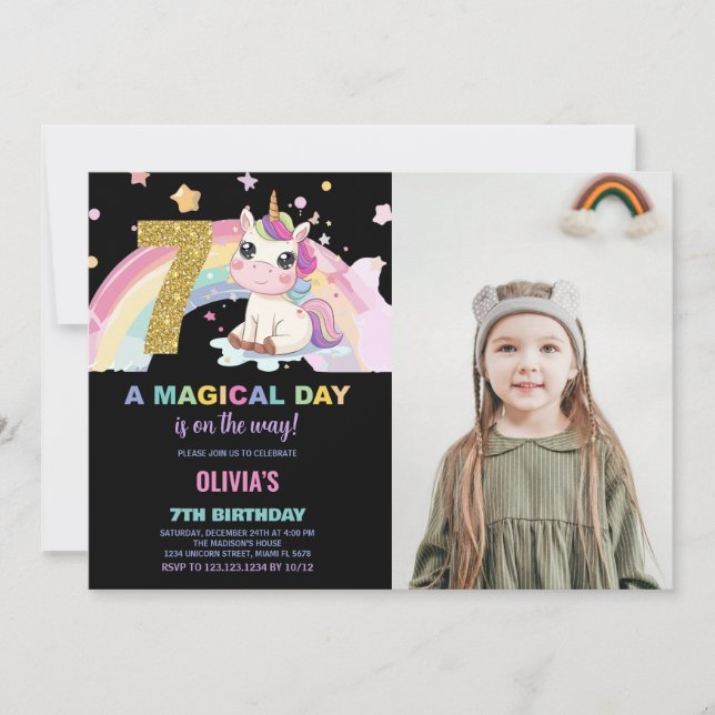 7 Birthday Unicorn Birthday - Foto dos Convites de (Frente)