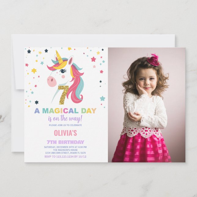 7 Birthday Unicorn Birthday - Foto dos Convites de (Frente)