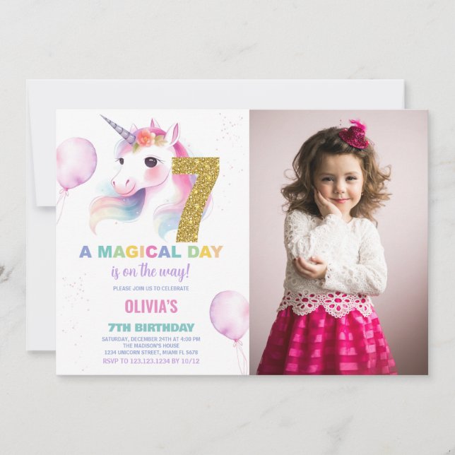 7 Birthday Unicorn Birthday - Foto dos Convites de (Frente)