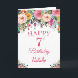 7 Birthday Watercolor Floral Flowers Cartão Rosa<br><div class="desc">7 Birthday Watercolor Floral Flowers Pink Card com nome e idade personalizados. Para mais personalização,  clique no botão "Personalizar" e use a ferramenta design para modificar este modelo.</div>