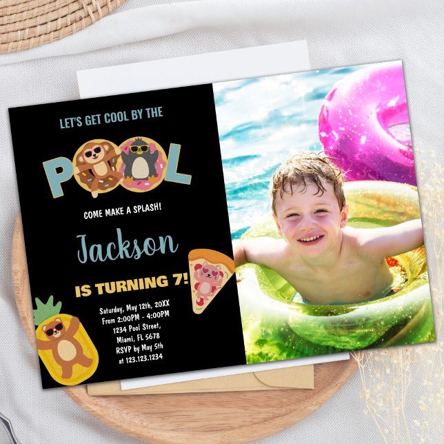 7 Black Monkey Photo Piscina Birthday - Convites (7th Black Monkey Photo Pool Birthday Invitations)