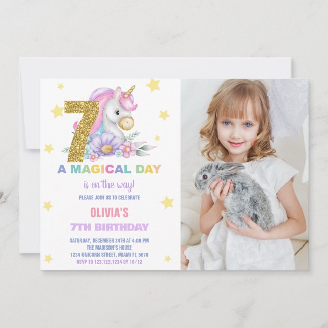 7 Floral Unicorn Convite de Aniversário com Foto (Frente)