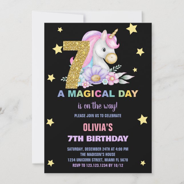 7 Floral Unicorn - Convites de Aniversário (Frente)