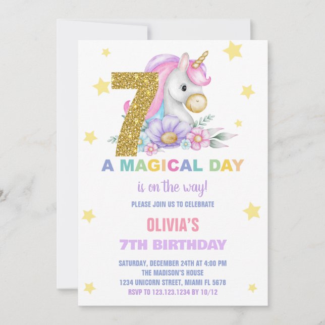 7 Floral Unicorn - Convites de Aniversário (Frente)
