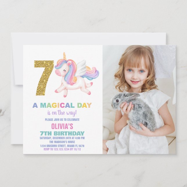 7 Rainbow Unicorn Aniversário Convites com foto (Frente)