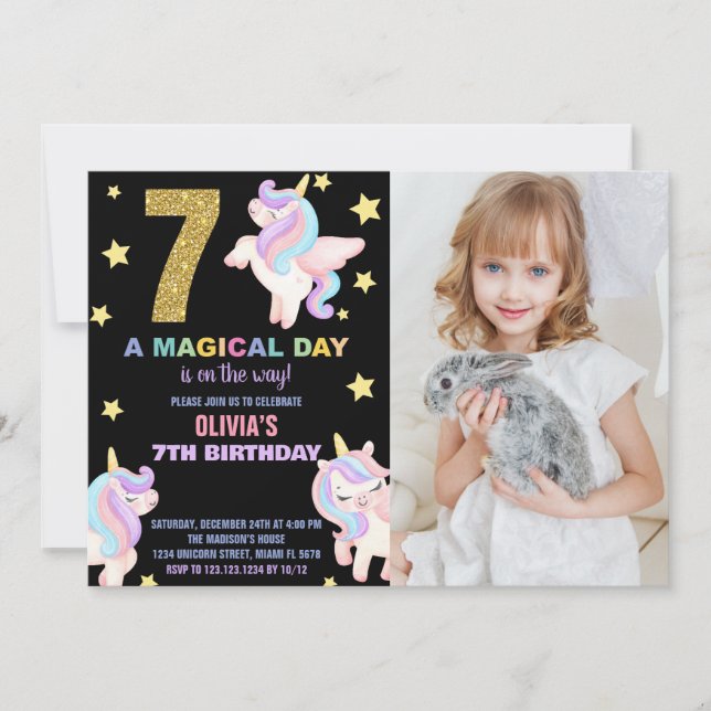 7 Rainbow Unicorn Aniversário Convites com foto (Frente)