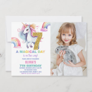 7 Rainbow Unicorn Aniversário Convites com foto