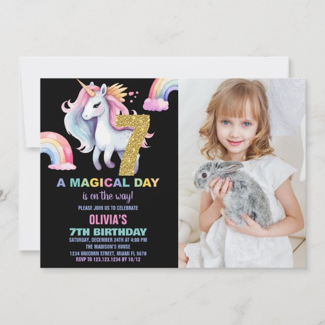 7 Rainbow Unicorn Aniversário Convites com foto (Frente)