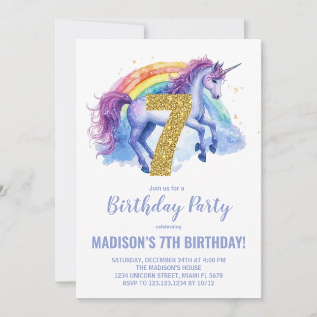 7 Rainbow Unicorn - Convites de aniversário (Frente)
