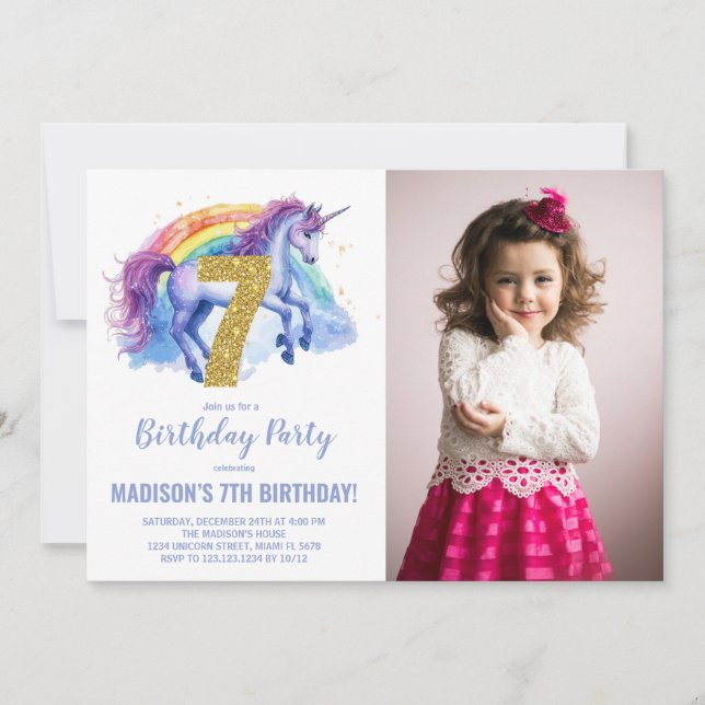 7 Rainbow Unicorn - Foto de Convites de Aniversári (Frente)