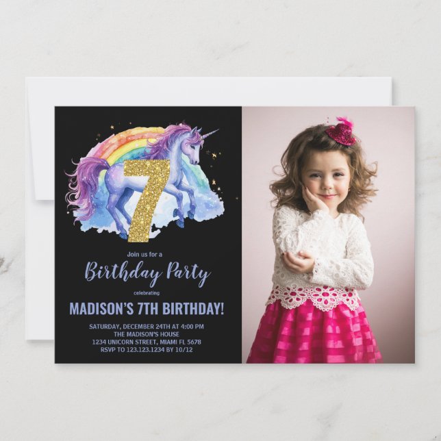 7 Rainbow Unicorn - Foto de Convites de Aniversári (Frente)