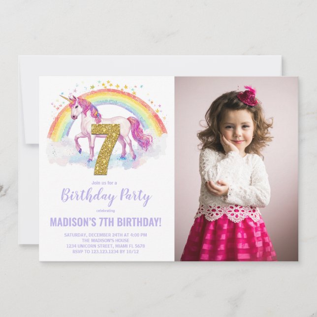 7 Rainbow Unicorn - Foto de Convites de Aniversári (Frente)