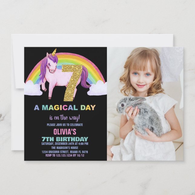 7 Rainbow Unicorn - Foto de Convites de Aniversári (Frente)