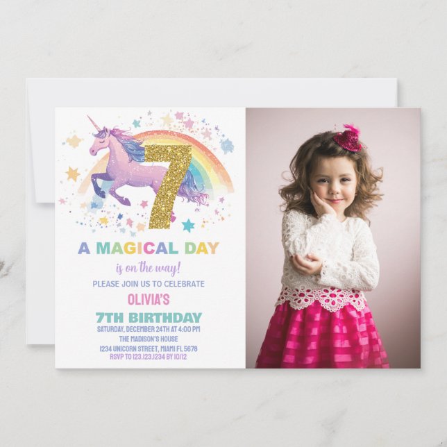 7 Unicorn - Convites de Aniversário com foto (Frente)