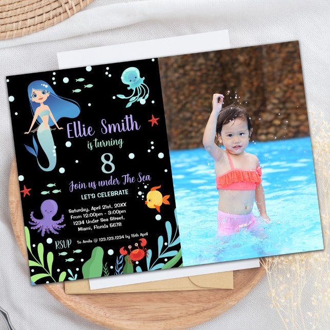 8ª Sereia Convites de Aniversário com Foto (8th Mermaid Birthday Invitations with photo)