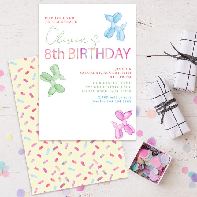 8º Aniversário Balão Animal Convite (modern typography balloon animal eight birthday party invitations)