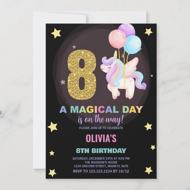 8º Aniversário do Unicórnio Convite de Aniversário (Frente)