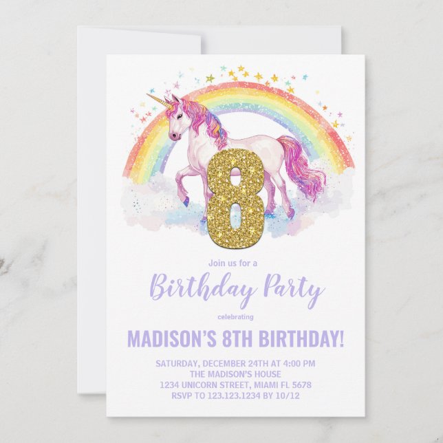 8º Convites de Aniversário do Rainbow Unicorn (Frente)