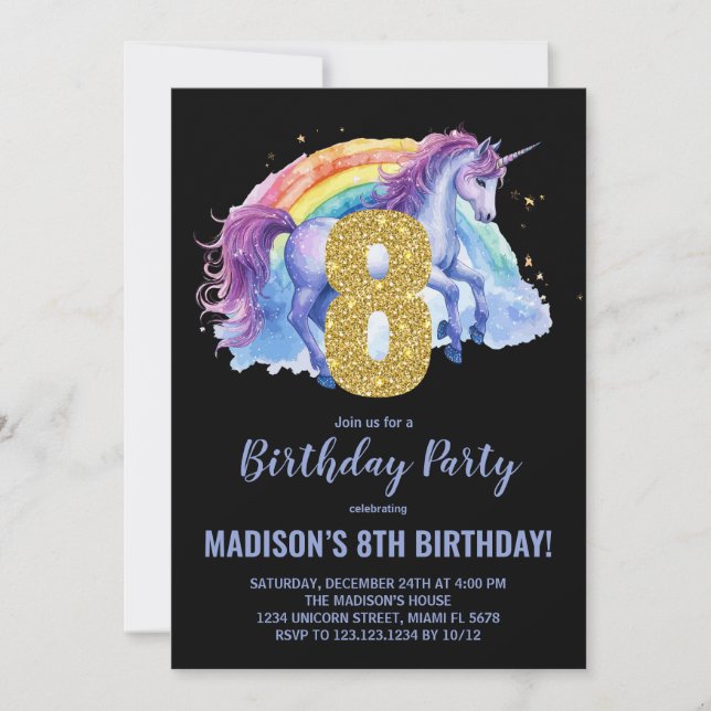 8º Convites de Aniversário do Rainbow Unicorn (Frente)