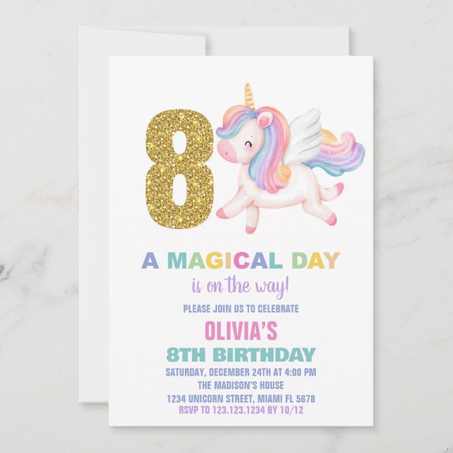 8º Convites de Aniversário do Rainbow Unicorn (Frente)