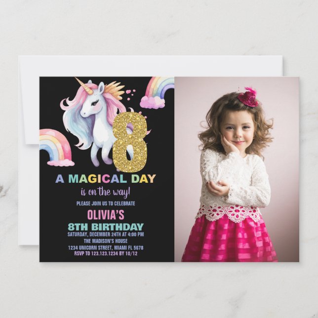 8º Convites de Aniversário do Rainbow Unicorn com  (Frente)