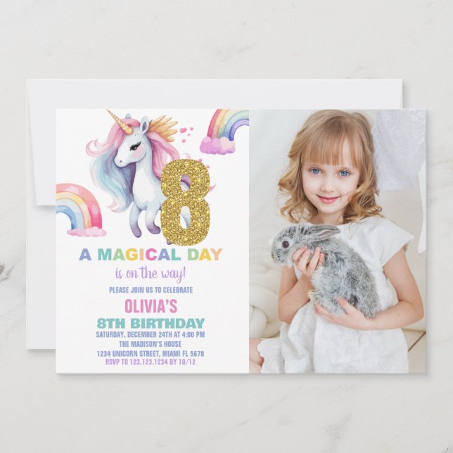 8º Convites de Aniversário do Rainbow Unicorn com  (Frente)