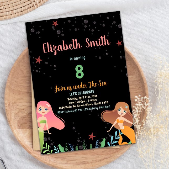 8º Convites de Aniversário para Sereia Negra (8th Black Mermaid Birthday Invitations)