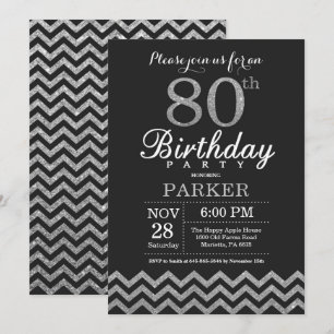 80 Aniversário Convite Preto e Silver Glitter