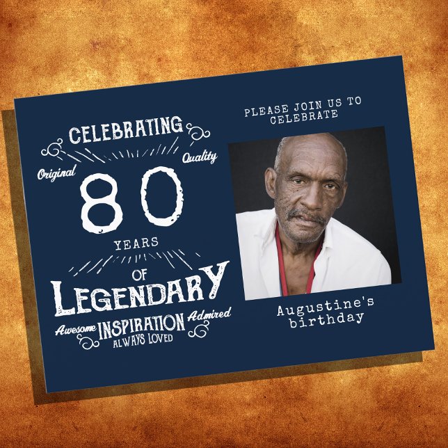 80 Aniversário Foto Azul Vintage Convite de Aniver (Criador carregado)